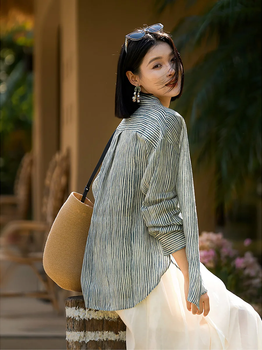 

Праздничная полосатая блузка из дышащего льна для женщин: модная, с воротником, длинным рукавом, повседневная, деловая, офисная, в полоску