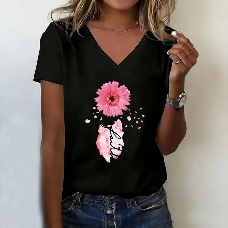Y2k Faith Flower T-shirt V Neck Casual Fashion T Shirts Women Short Sleeve Tee Shirt V-Neck Summer Spring Graphic Tee