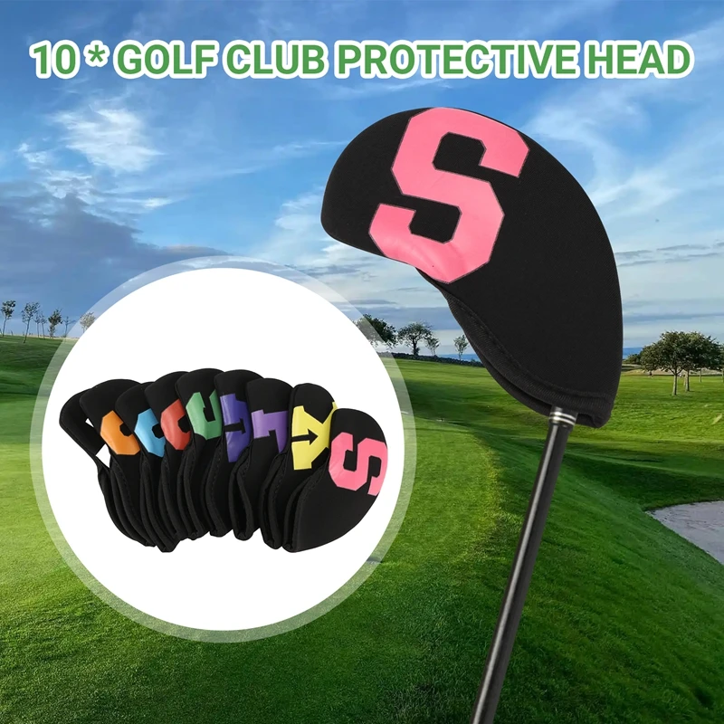 10PCS Golf Club Protective Head, Waterproof PU Iron Sleeve, Color And Digital Version