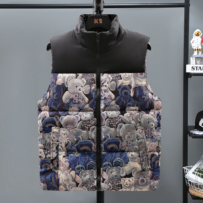 Fashion Print Vest Men Winter Sleeveless Jacket Bear Patchwork Animal Flower Korean Couple Waistcoat Outwear Male Unisex 5XL