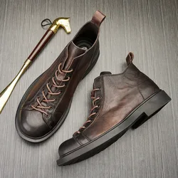 Bottes Martin britanniques à lacets et semelle souple pour hommes, chaussures de travail à Tube moyen, en cuir véritable, chaussures d'extérieur, baskets de marche et de Trekking, printemps