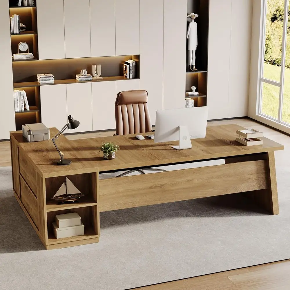 

Большой угловой офисный стол с местом для хранения и полками, идеально подходит для дома или офиса (коричневый)