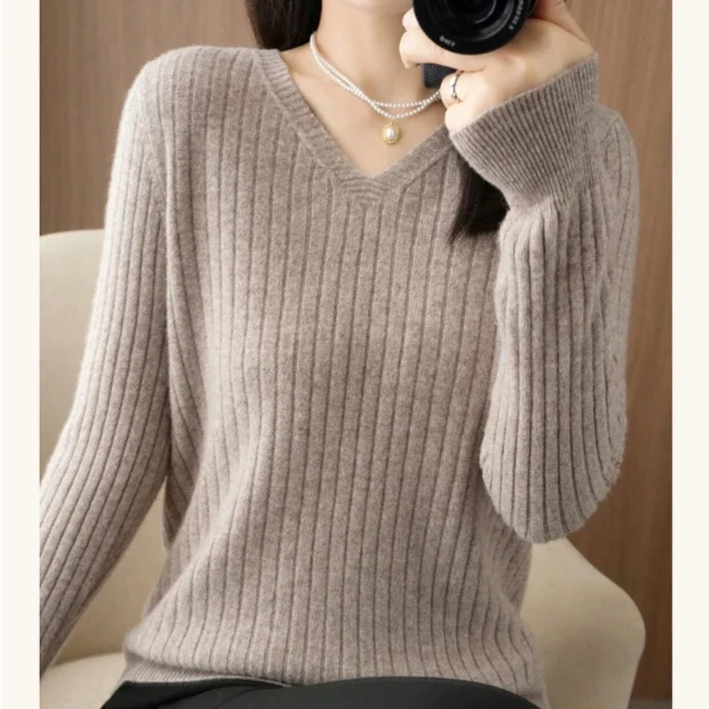 

V-neck Sweater Women Solid Pullover Knitted Sweaters OL Basic Jumper Winter Clothes Women Knitwear Long Sleeve Ladies Tops G42