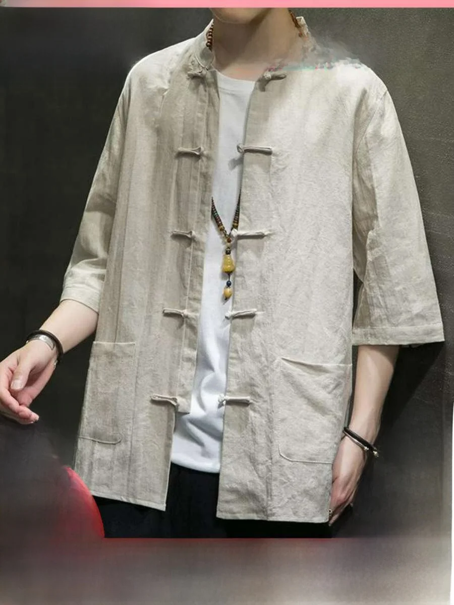 

New Men's Short Sleeve Shirt Jacket Cotton Linen Chinese Style Button up Loose Fit Summer Fashion Tang Costume Half Length