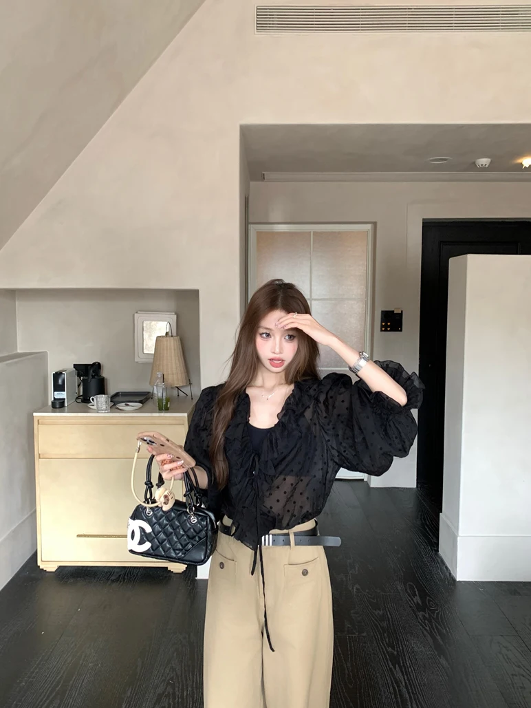 

Black Polka Dot Bubble Sleeve Shirt Women's Loose Top Summer Gentle Style Ageless Fashion V-neck Long Sleeve Button-up Shirt