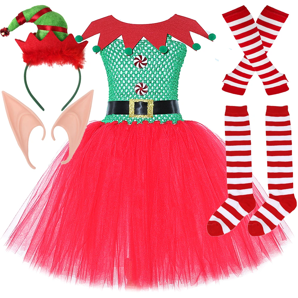 Girls Christmas Elf Tutu Dress Red Green Santa Elf Costume Outfit for Kids Toddler Festive Xmas Party Princess Dress Up Clothes