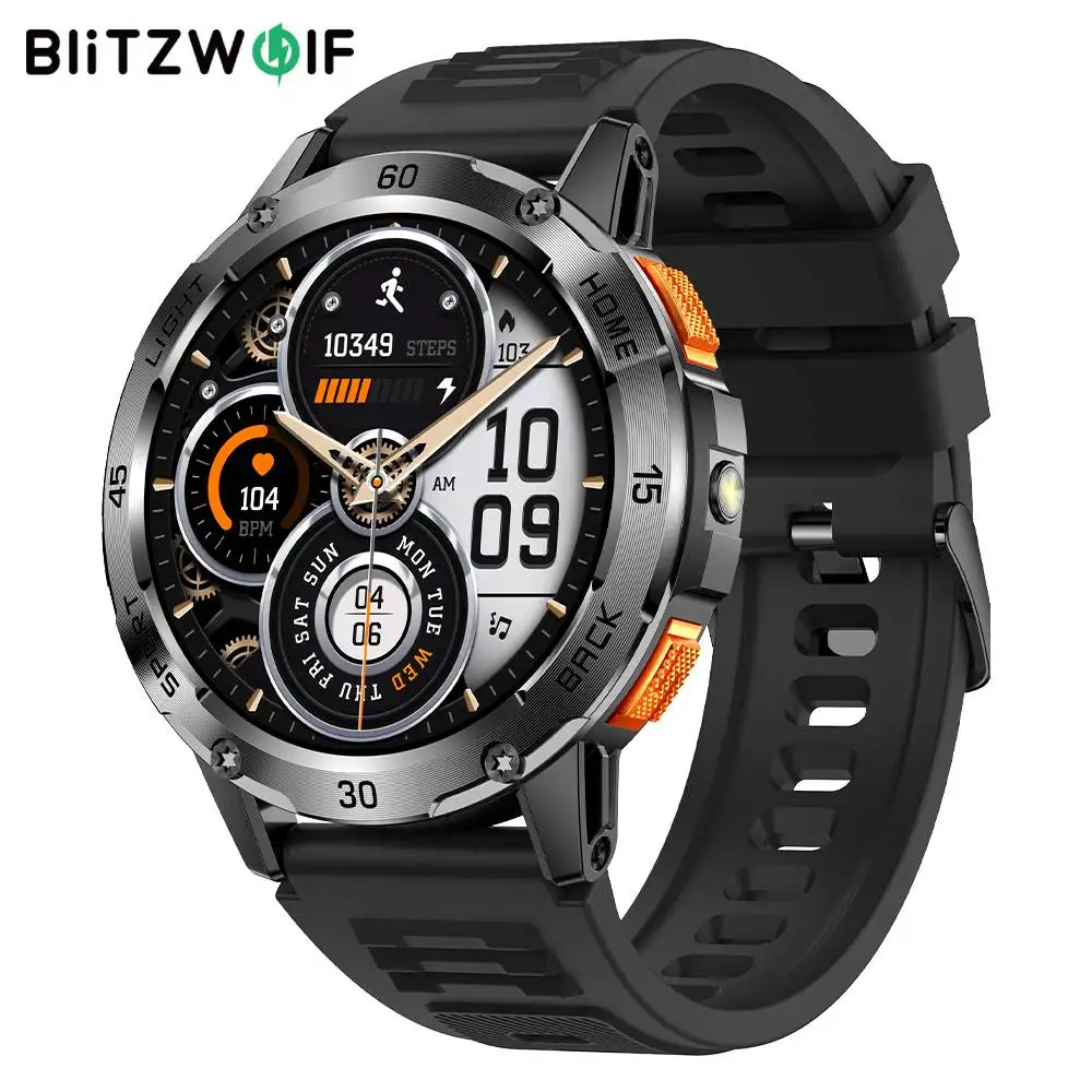 BlitzWolf BW-AT7 1,53 Zoll integrierte Taschenlampe Bluetooth Anruf Herzfrequenz Blutmonitor Schlafüberwachung Smartwatches für Männer
