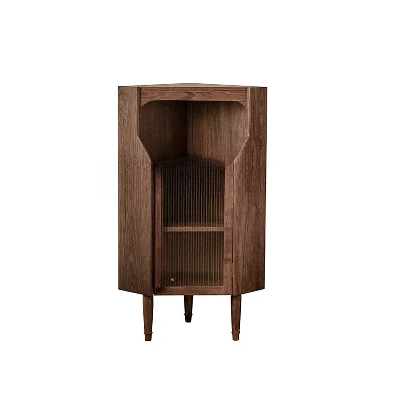 A  Black walnut triangular solid wood corner guest restaurant corner sofa retro wine cabinet shelf pentagonal side cabinet