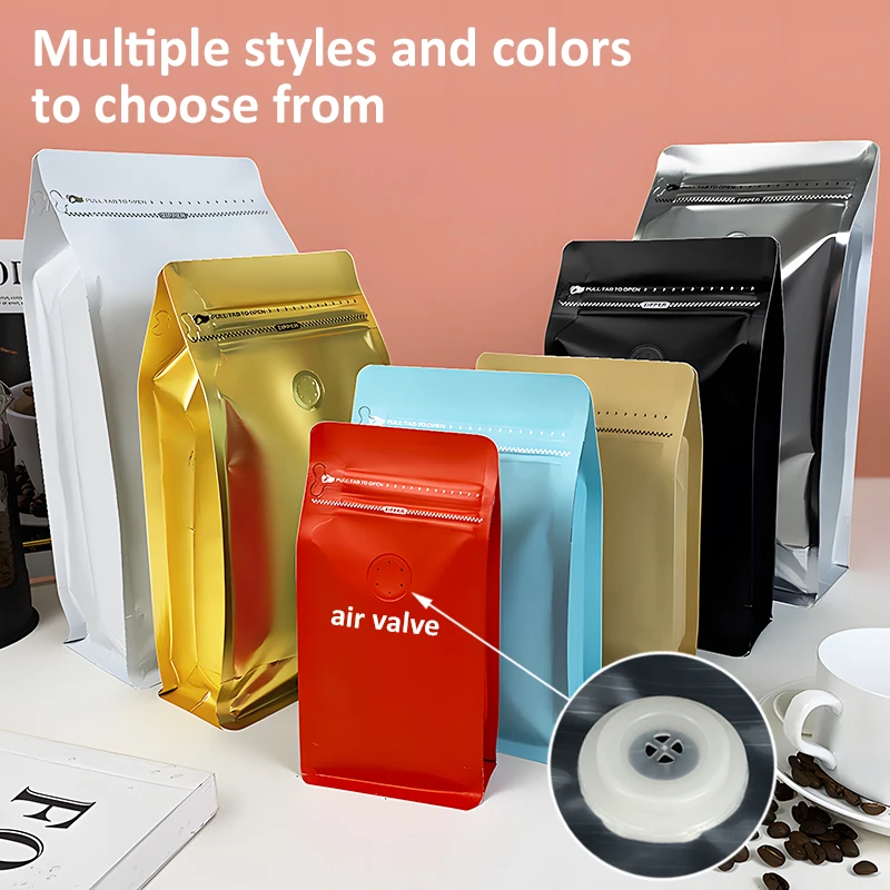 50 قطعة أكياس قهوة مسطحة القاع عالية الجودة مع صمام وسحاب كيس بطانة من رقائق الألومنيوم لتخزين حبوب البن مسحوق الطعام