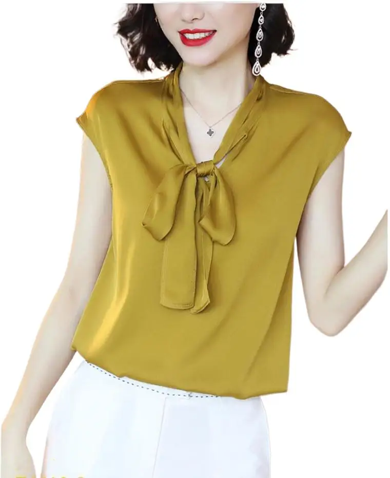 Europe Versatile Basic Short Sleeve Ice Silk Top blouse Summer Ladies Elegant V-neck lace up Acetate Satin Shirt