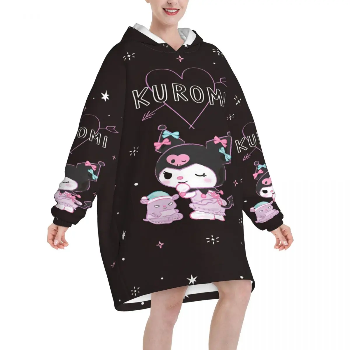 Kuromis Cartoon Cute Oversized Blanket Hoodie Sweatshirt Long Fleece Hooded Wearable Blanket with Large Pocket for Women Men