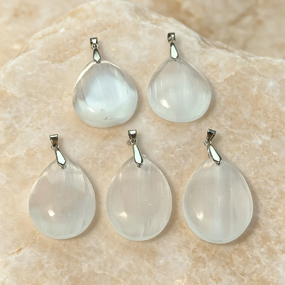 Silky Sheen Natural Selenite Teardrop Charms Silver Tone Crown Chakra Healing Single Bail DIY Beading Findings P2D115