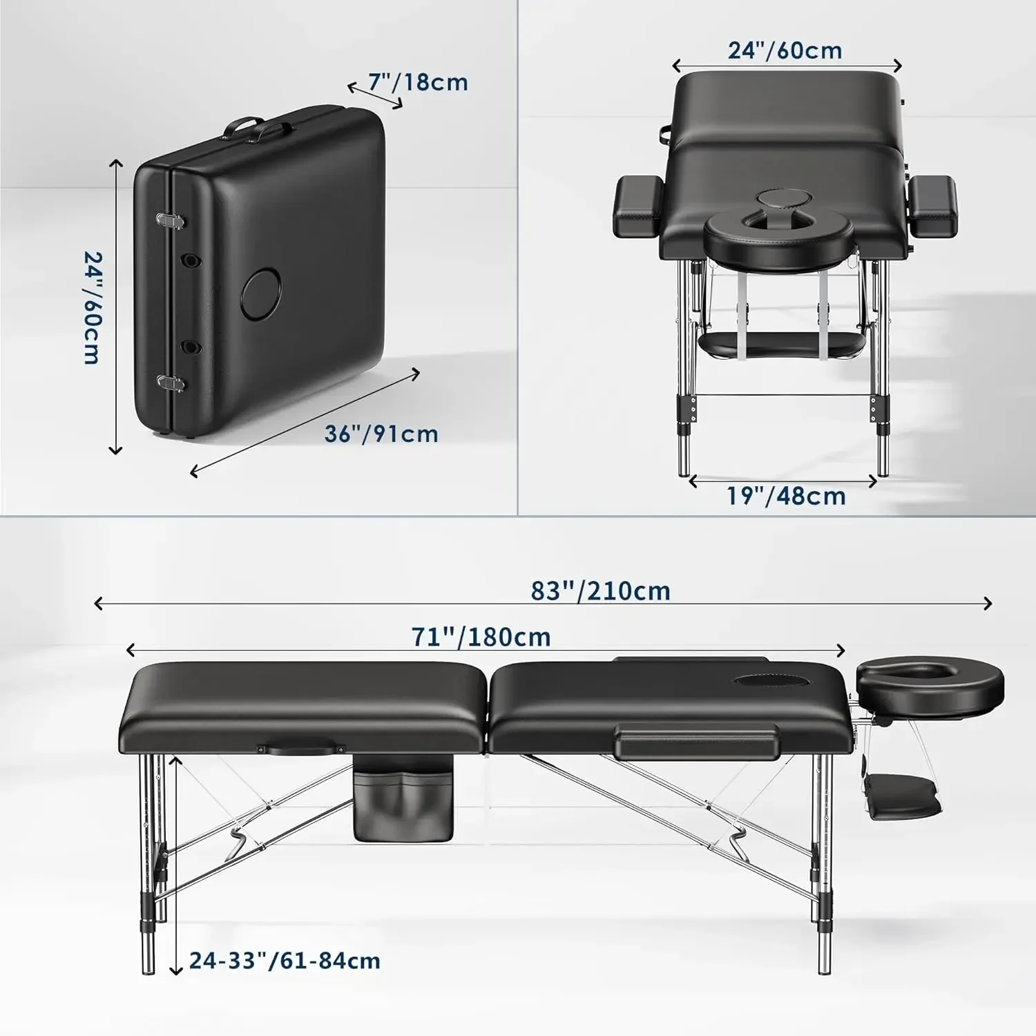 Massage Table Portable, 2-Fold Lash Bed with Side Pocket, Adjustable Height, Sturdy Aluminum Frame, Esthetician Spa