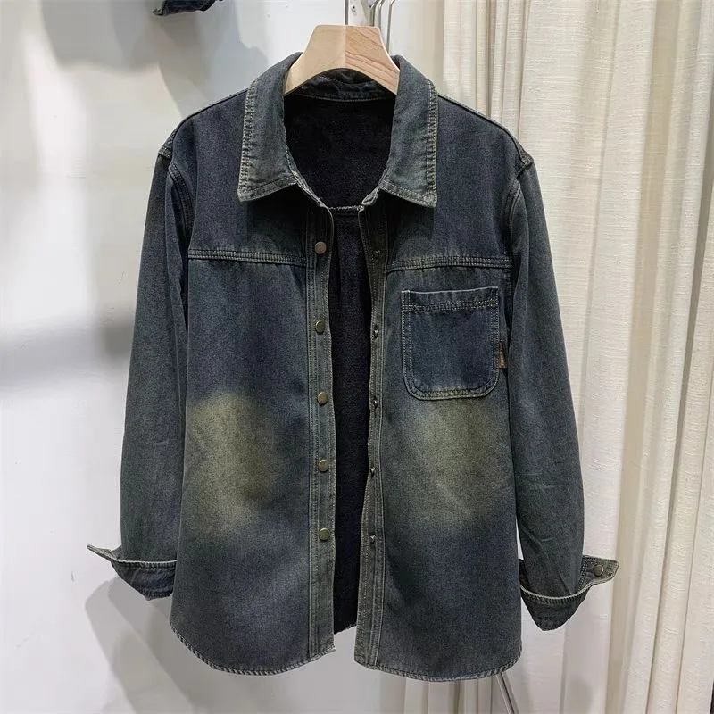 

Denim Shirts for Women Vintage Long Sleeved Plush Brushed Polo-neck Casual Loose Fit Coats Korean Style Retro Blouse Women Tops