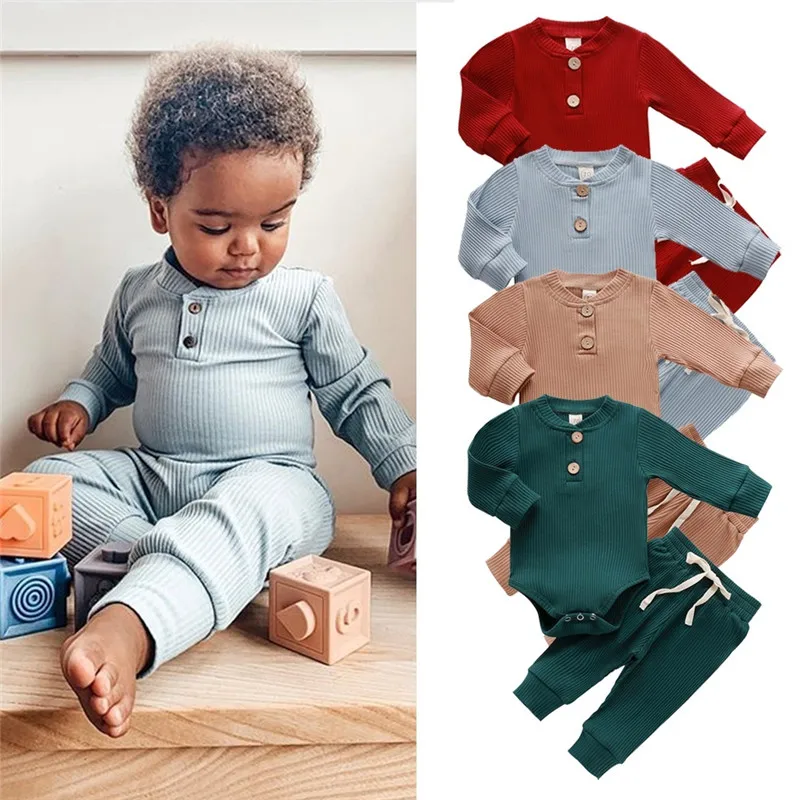 Newborn Baby Boys Girls Clothes Set Autumn Button Cotton Solid Ribbed Long Sleeve Jumpsuit+Pants 2Pcs Outfits Suit Pajamas Set