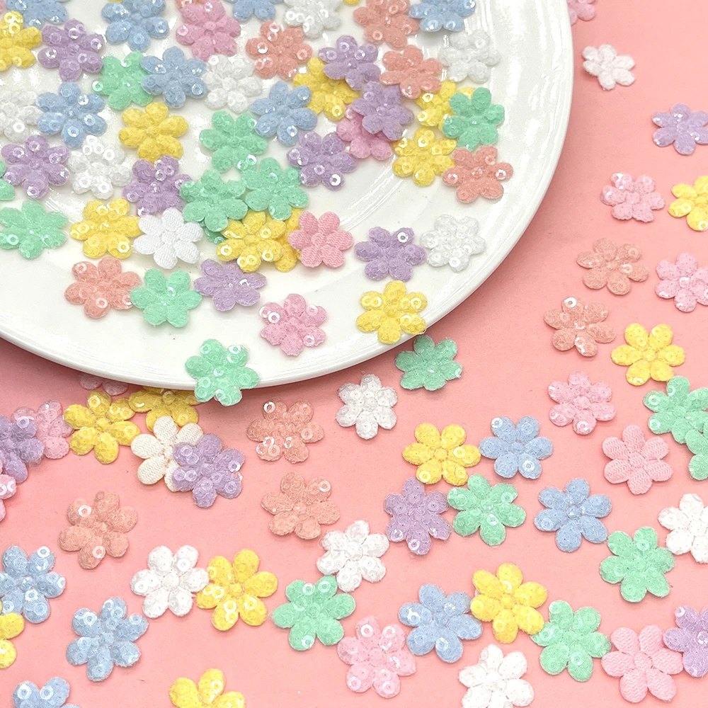 100Pcs Mix Cloth Fabric sequin Patches Spring Flower Appliques for Girl Clothes Craft Sewing Supplies DIY Clips Bow Card Making