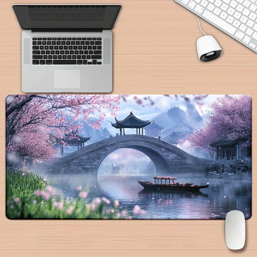 Asian Bridge Cherry Blossom Desk Mat XXL Non-Slip Large Keyboard Mouse Pad for Gaming Office