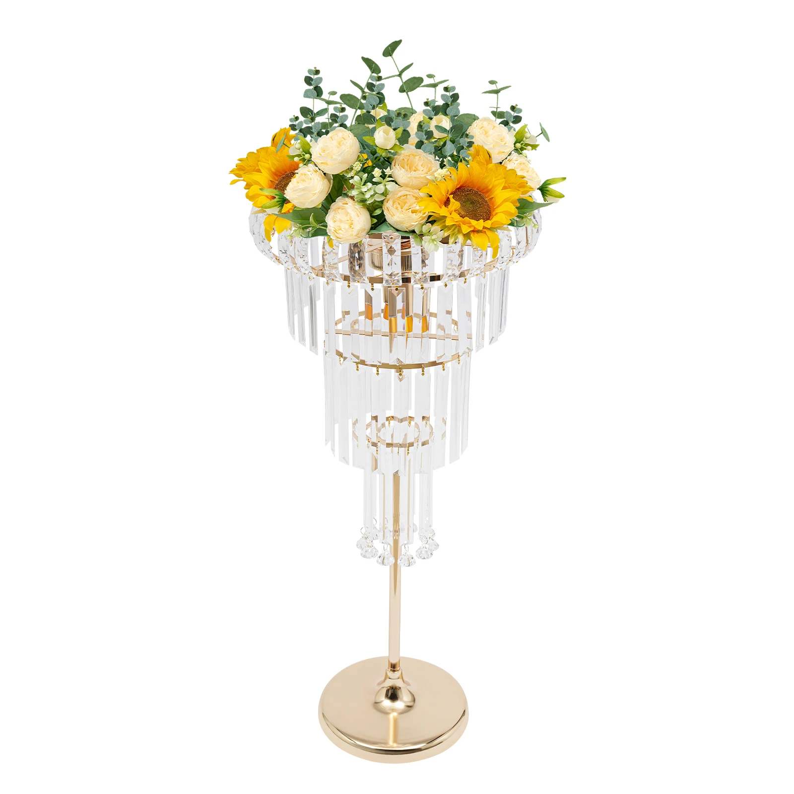 Suporte de flores de casamento acrílico de 4 camadas com luzes LED galvanizadas em ouro com capacidade de carga de 5 kg para decoração de casamento