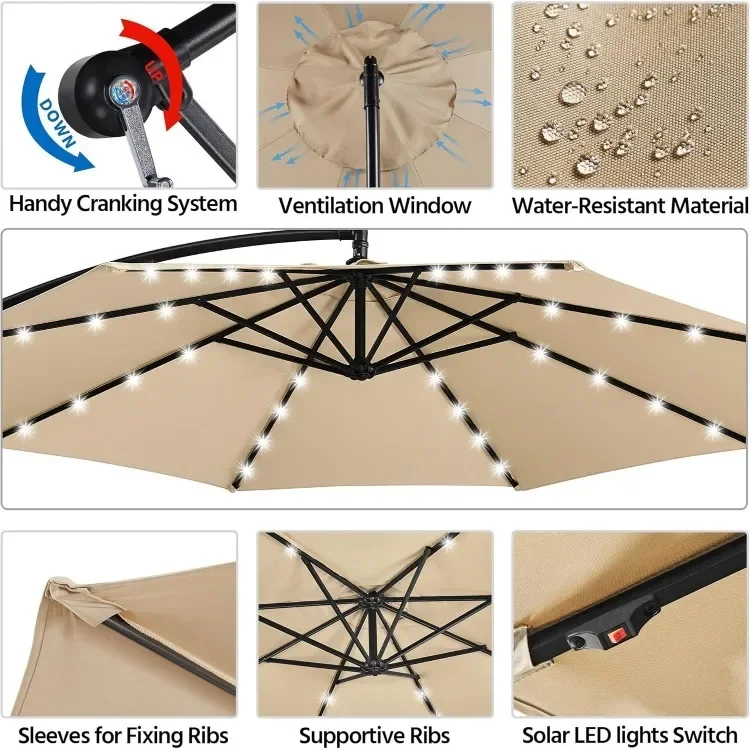 10 Fuß großer Solar-Offset-Regenschirm mit 32 LED-Leuchten, freitragende, hängende Outdoor-Regenschirme, praktische Kurbel und Kreuzbasis für Rasen/Deck