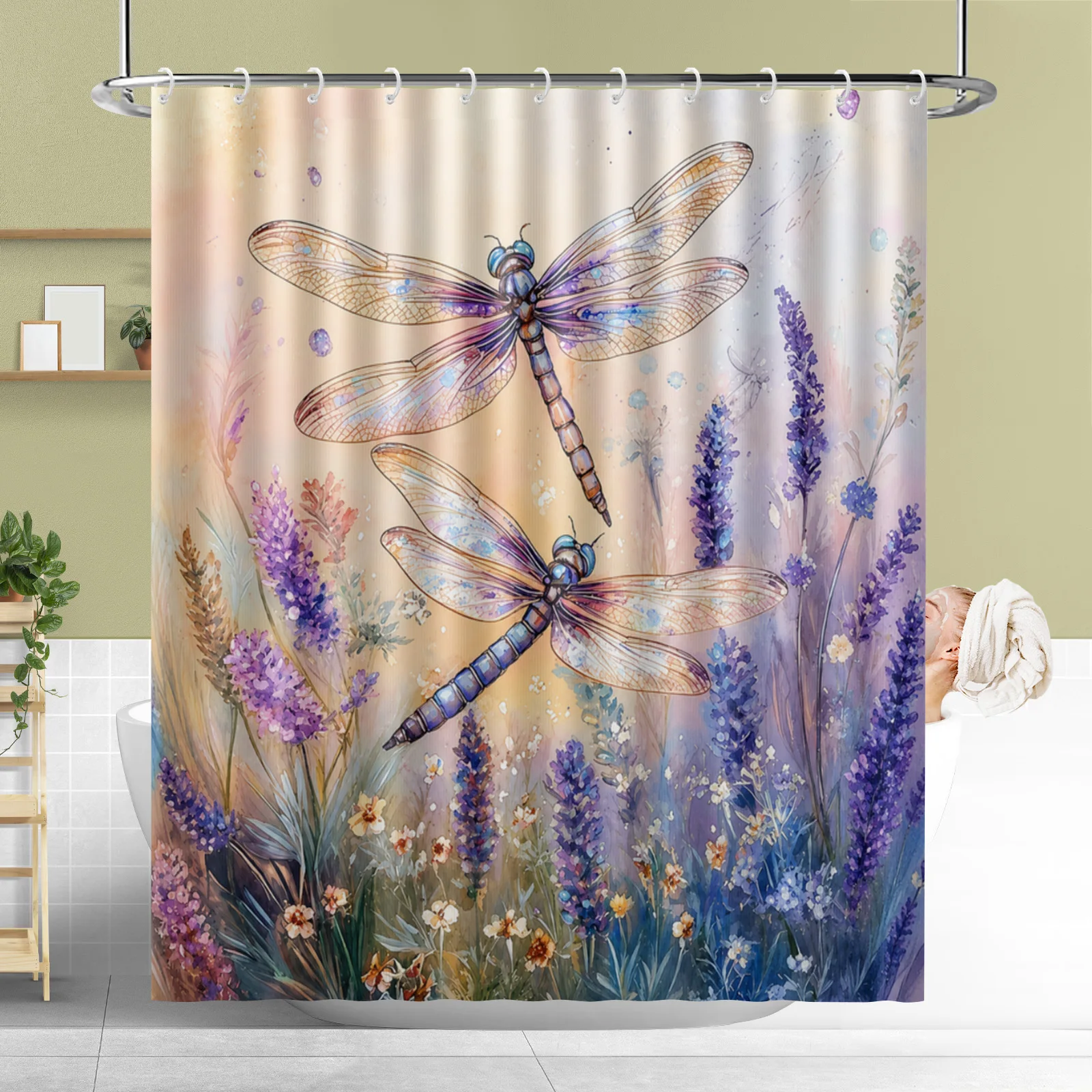 Lavender Floral Dragonfly Shower Curtain with Hook Waterproof Polyester Fabric Bathroom Modern Minimalist Curtains Bath Room