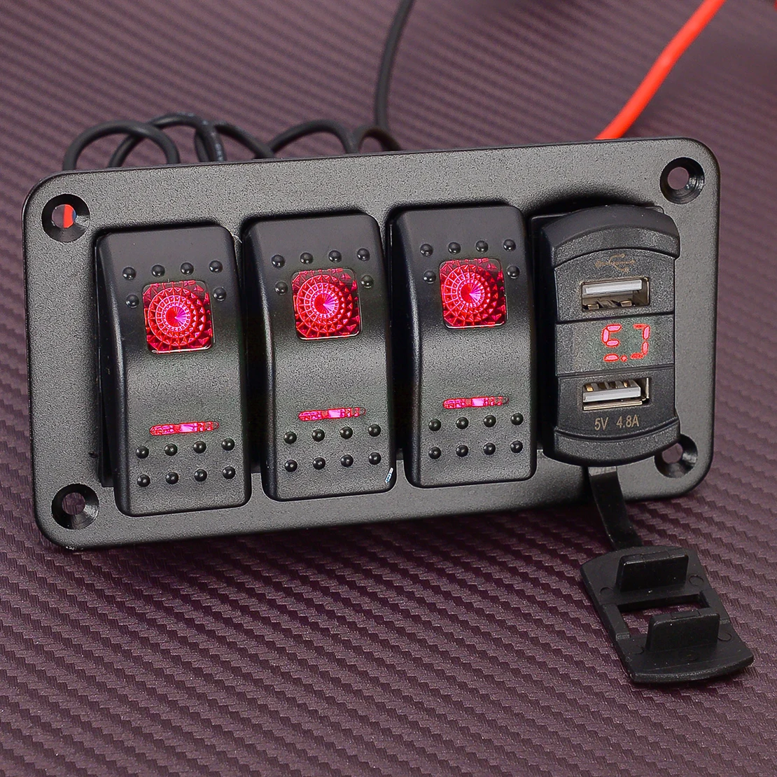 

3-х клавишный тумблер с двумя USB-портами, универсальный для 12-24 в автомобилей, домов на колесах, грузовиков, мотовездеходов, фургонов, судовых катеров, красного цвета