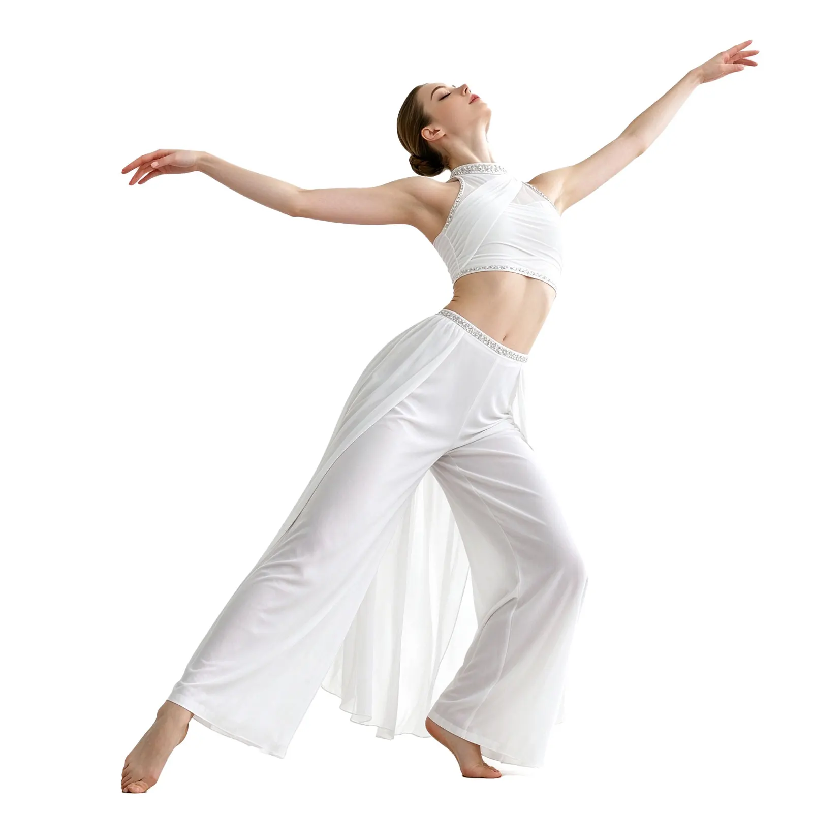 New Ballet Dance Costume Women Professional Jazz Dance Dress Ruched Mesh Halter Crop Top and Pants Lyrical Modern Dance Clothing
