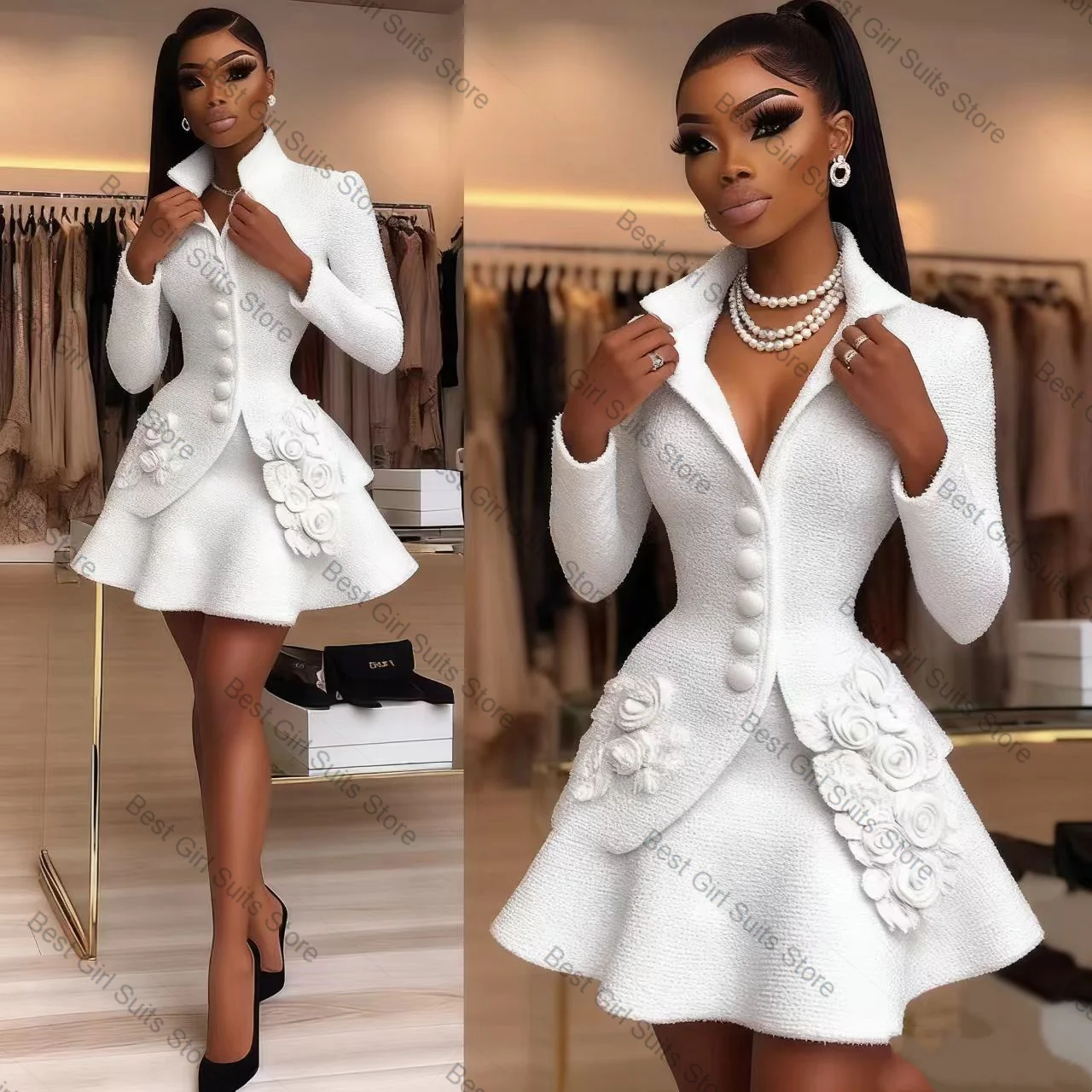 Abito da donna bianco con gonna Set giacca da 2 pezzi + mini abito corto da ballo Giacca da donna formale da ufficio con fiori 3D Cappotto da sposa personalizzato