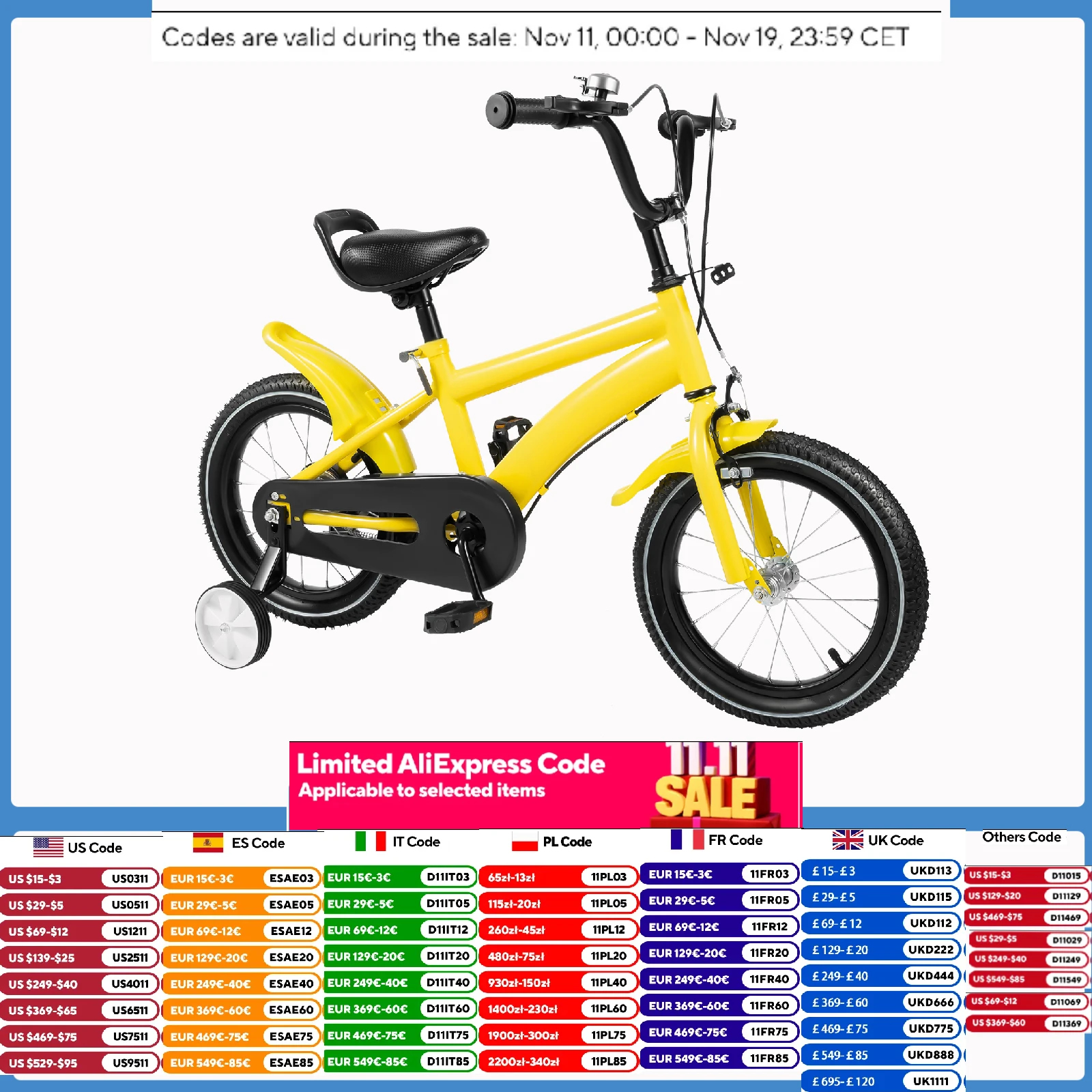 

14Inch Children's Bicycle with Detachable Wheel, Adjustable Kids Bike Unisex for 100-115cm, Lightweight Carbon Steel Frame
