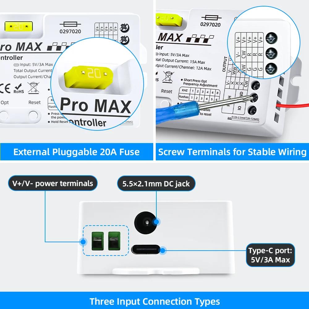 DOMRAEM Zigbee Pro MAX  5 in 1 RGB RGBWCCT LED Controller Type-C Powered 20A External Removable Fuse Works with HU*E Tuya Alexa