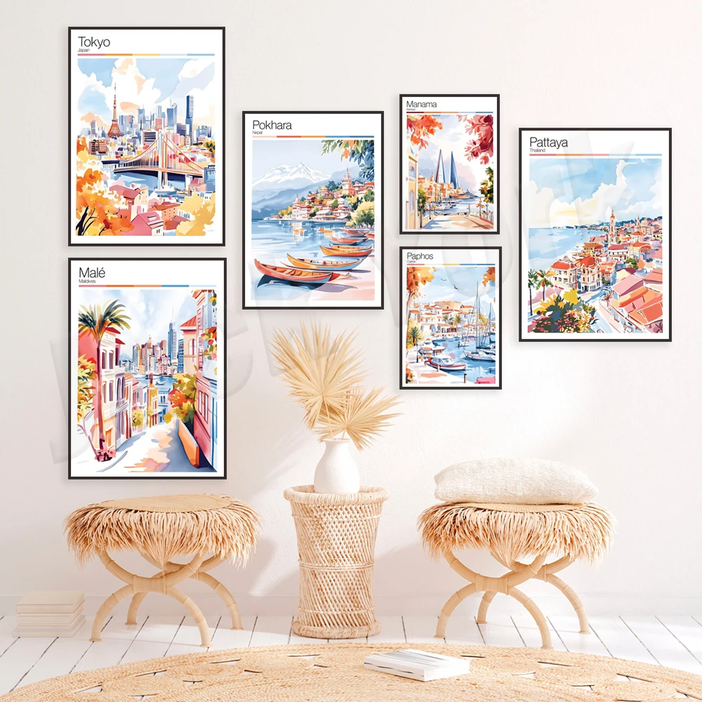 شنتشن، كوريا الجنوبية، نيبال، فوكيت، باتيا، تايلاند، اليابان، مانيلا، الفلبين، الهند، جزر المالديف، قبرص ملصقات السفر #4