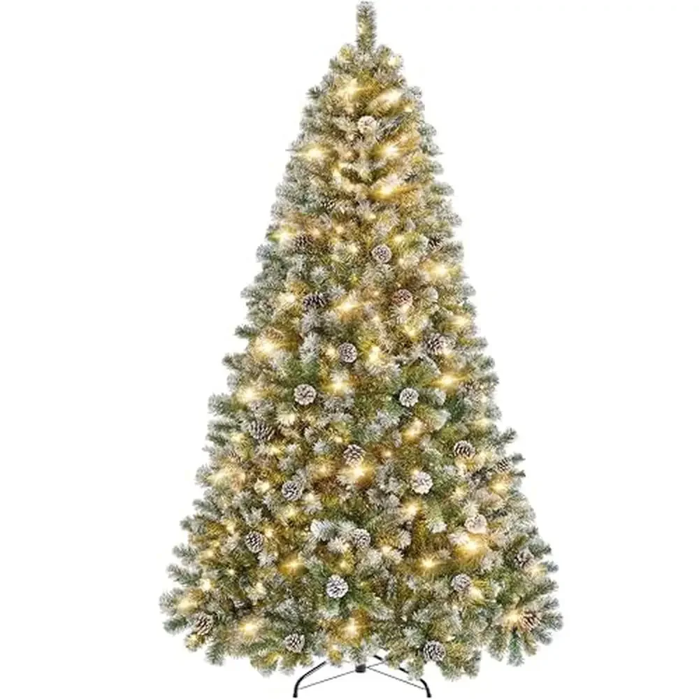 Snow Flocked Pre-lit Christmas Tree with Pinecones Lifelike PVC Branches Space-saving Storage 7.5ft White Green 1346 Tips