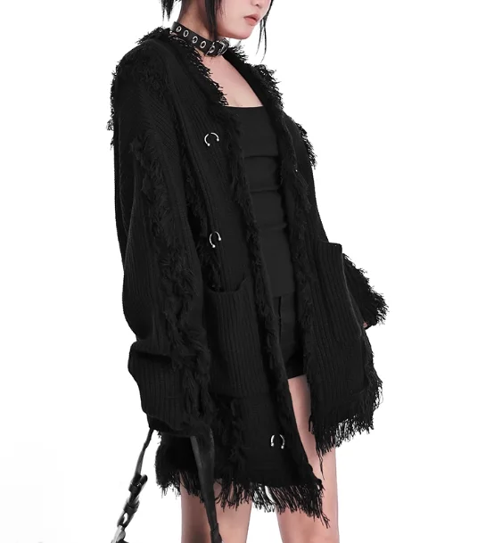 Mode Veelzijdige Kwastje Persoonlijkheid Donkere Street Style Trui Vest Lente Herfst Nieuwe Lange Mouw Cool Retro Gebreide Top