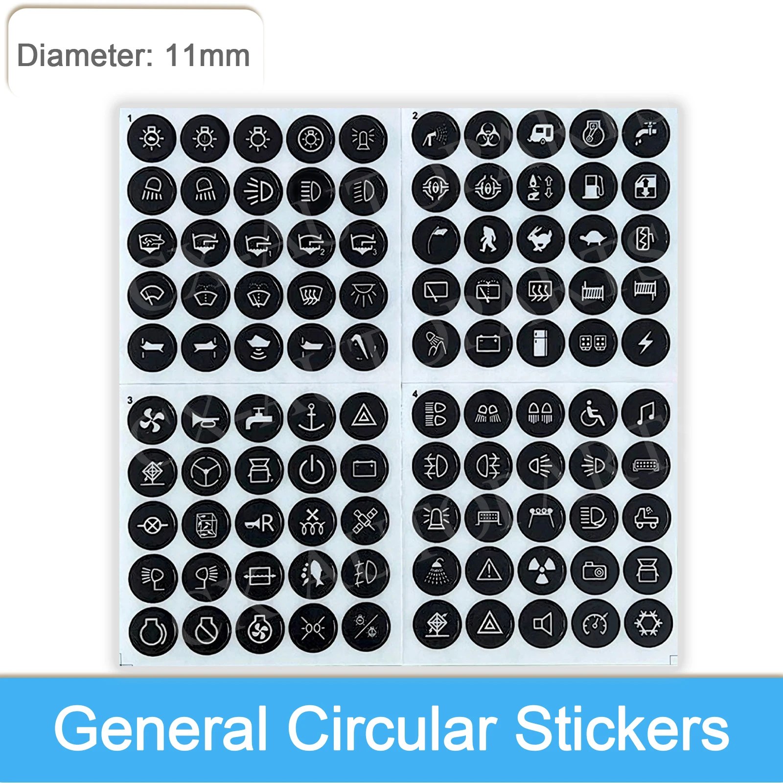 100 Icons Round Push Button 11mm Decal Label Sticker Kit Waterproof for Marine Boat Car Tractor 4x4 RV Rocker Switch Dashboard