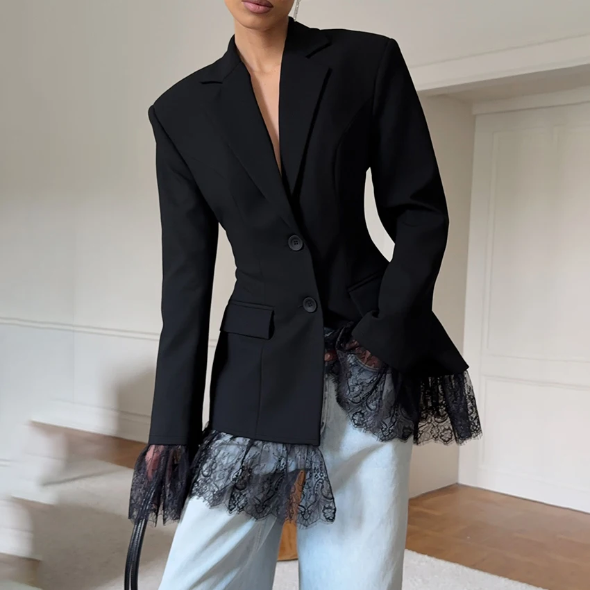 معاطف Linad كلاسيكية من الدانتيل باللون الأسود النحيف للنساء سترات أنيقة بياقة مدببة ملابس خارجية أنيقة للشارع بأكمام طويلة للسيدات لخريف 2025