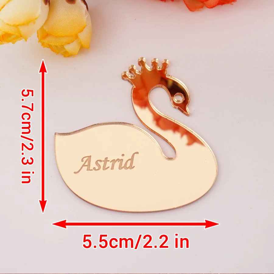 2 stili personalizzati in acrilico a specchio con design romantico a forma di cigno, etichette regalo con nome personalizzato per la decorazione del battesimo della carta del posto del posto