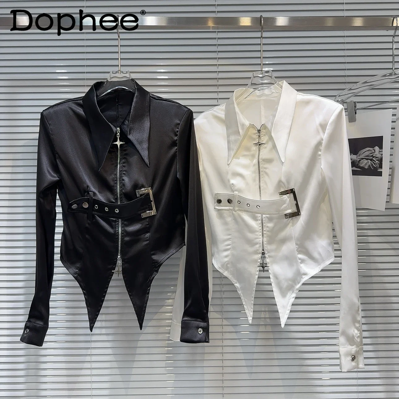 

Metal Buckle Belt Decorative Acetate Satin Shirt Women 2024 Autumn New Sexy Girl Solid Color Long Sleeve Shirt Womens Tops