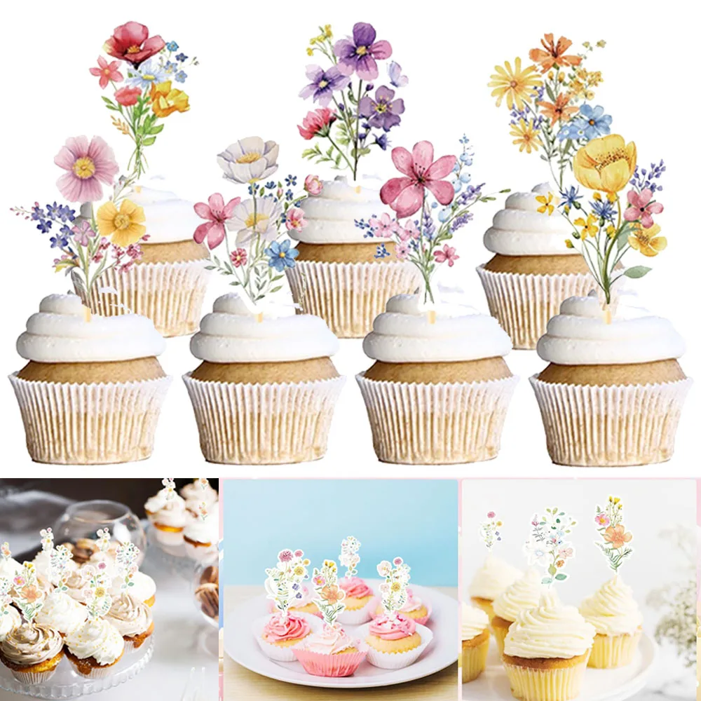 Wild Flowers Pattern Cupcake Topper Cake Decoration Girls Birthday Party Wedding Baby Shower Fairy Party Decoration Supplies