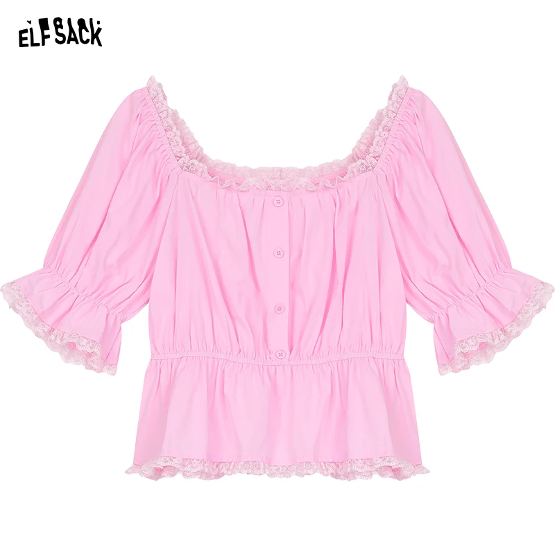 ELFSACK 2024 summer new arrival French lace free style stitching pink temperament fairy short-sleeved shirt for women