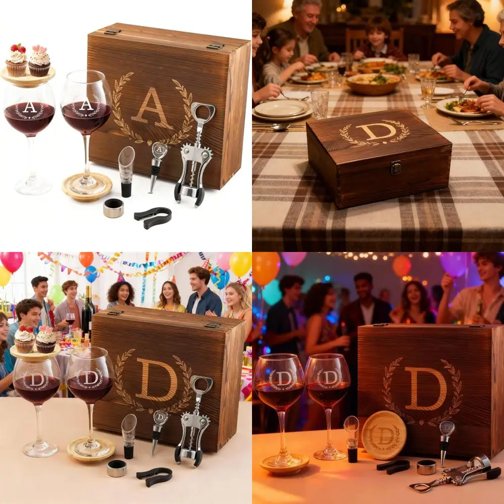 

Персонализированный набор бокалов для вина с первоначальной гравировкой для женщин — подарок на день рождения мамы, деревянный рождественский свадебный подарок с монограммой