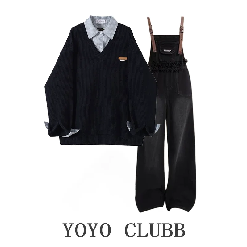 

Autumn Vintage Women's Fashion Set with Shirt Collar Top And Denim Overalls Two-Piece Ensemble Slimming Versatile Casual Wear