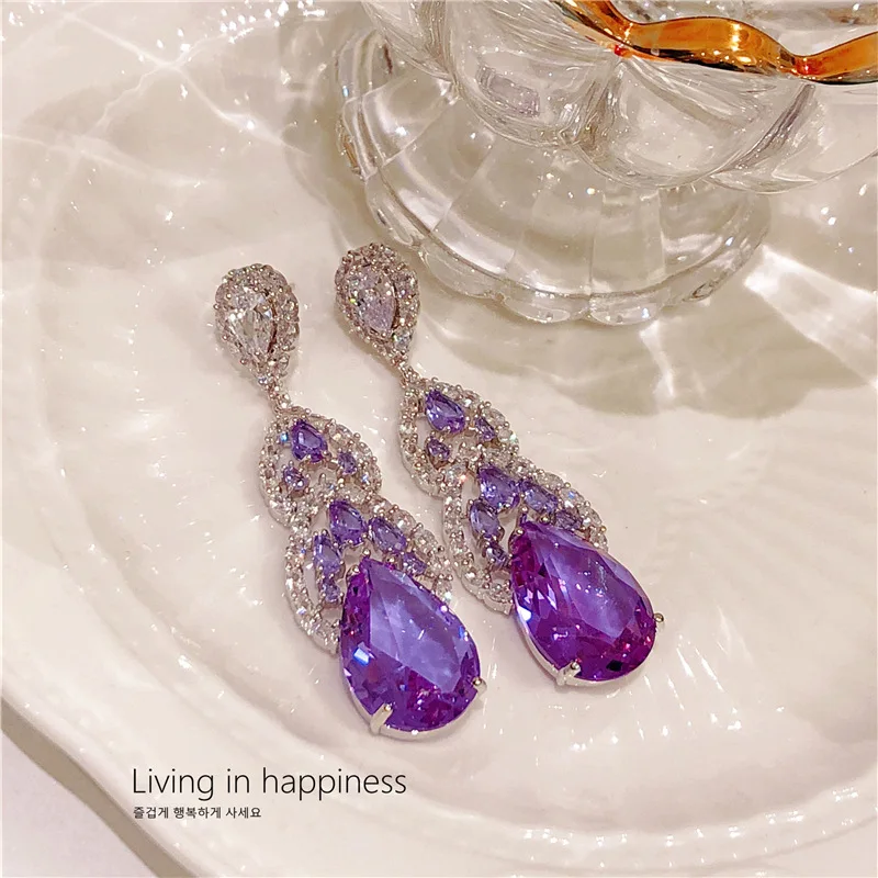 Purple Earrings for Women Luxury Wedding Jewelry Water Drop Earrings Cubic Zirconia Shiny Trendy Jewery Gift Wife Friend