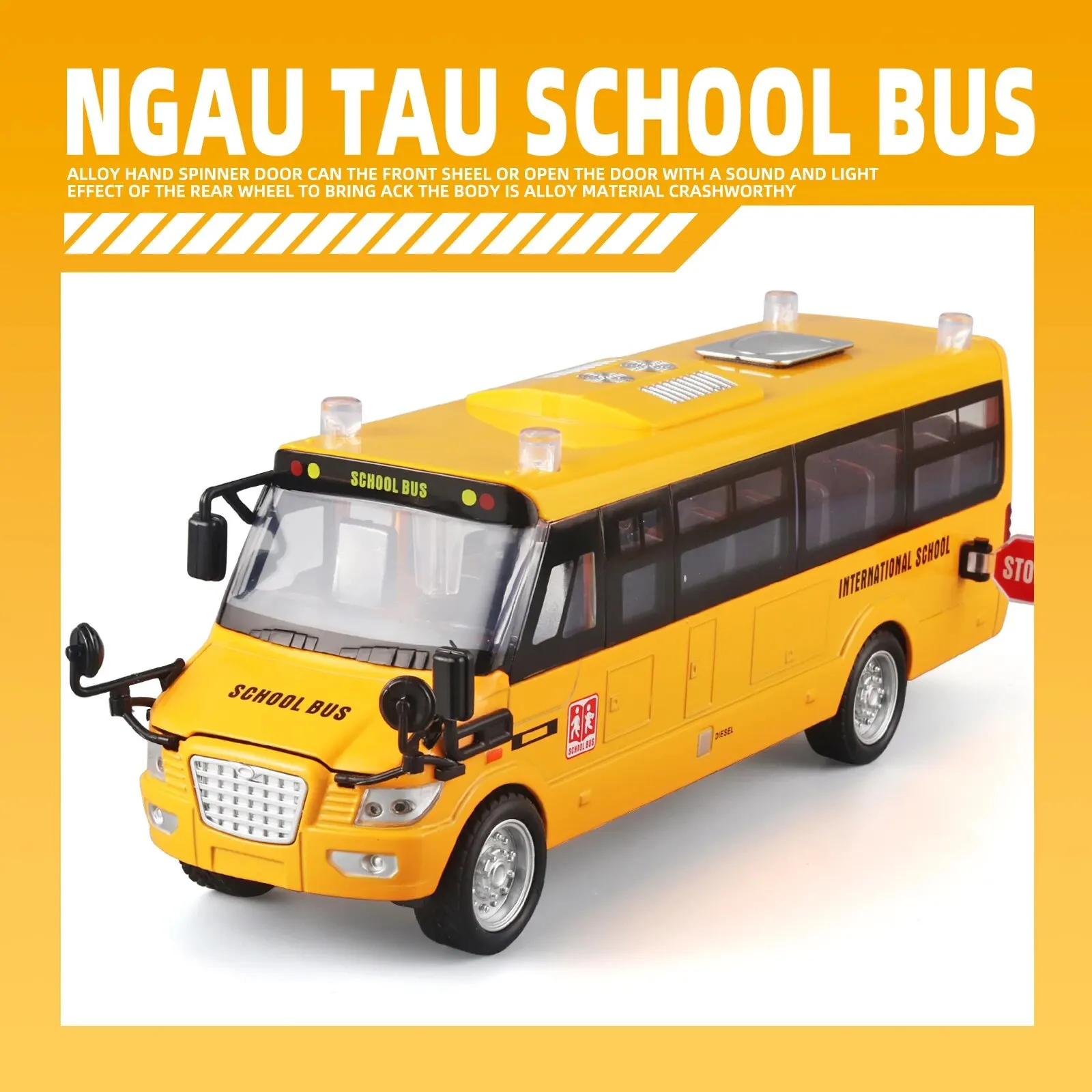 Mainan Bus sekolah 1:24, mobil Model tarik mundur Die Cast, dengan Lampu & suara, pintu dapat dibuka, kendaraan mainan logam kuning besar