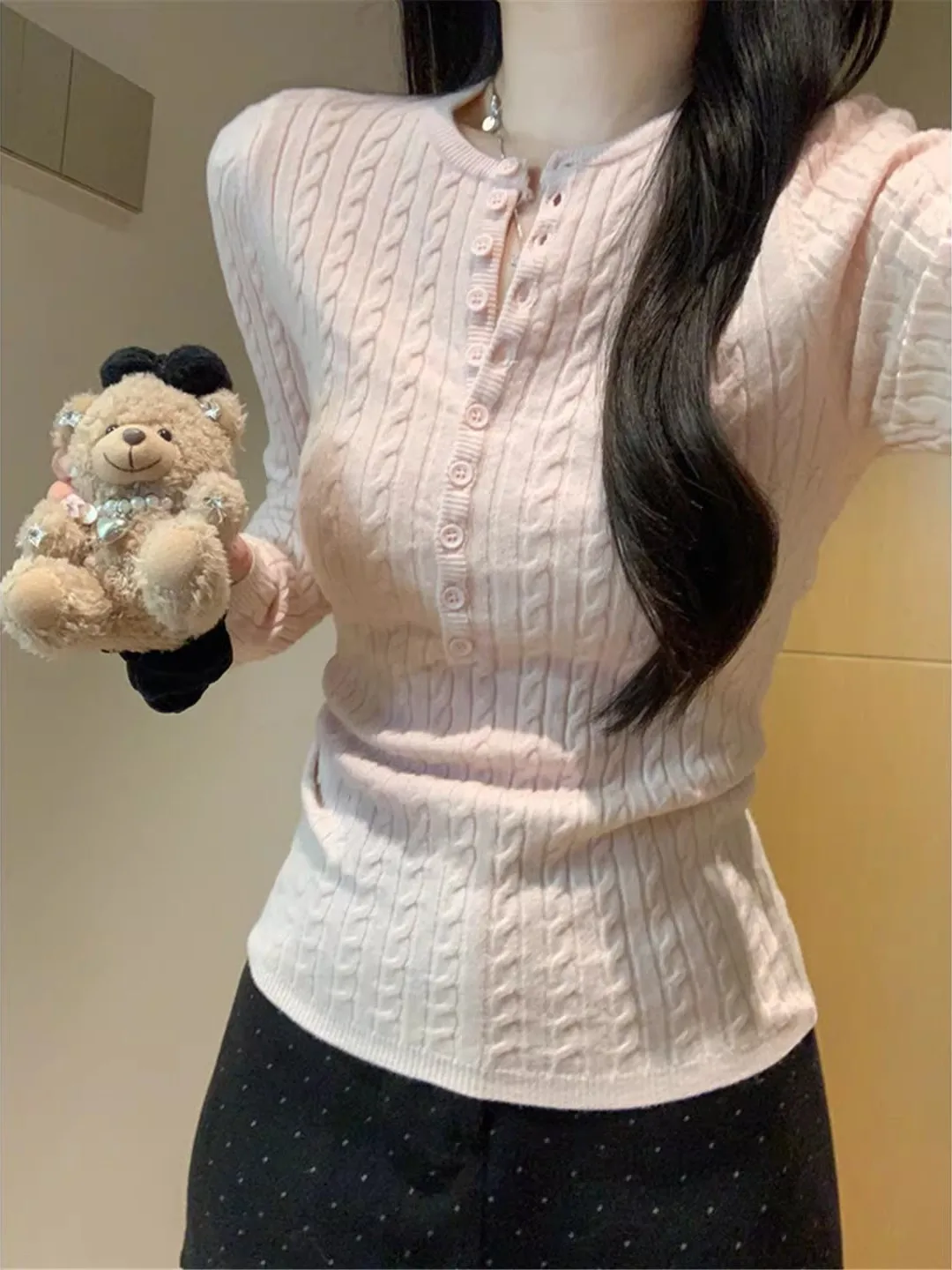 Soft Pink Korean Style Knitted Long Sleeve Half Open V-Neck Base Shirt Women's Slim Fit Autumn Winter Inner Wear Top