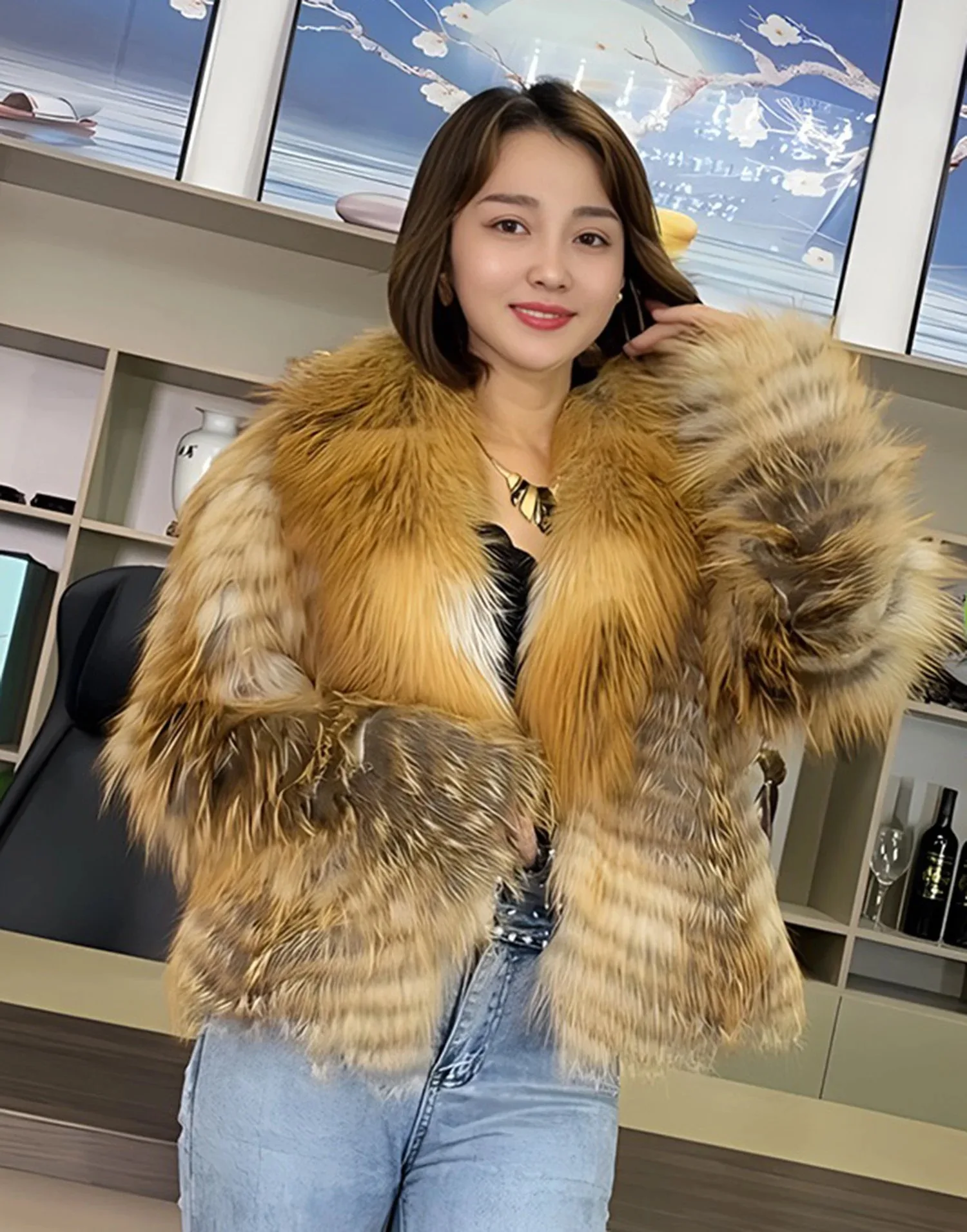 

FURHYCFOX Hot sales Fashion New Jindao Fox True Color Striped Fox Fur Coat Small Fur Coat Women's Short Style