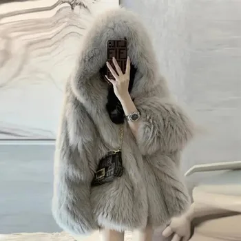 Image Fashion Hooded Faux Fox Fur Jacket Women Winter Warm Furry Jackets New Streetwear Loose Casual Gray Coats Female Outerwears