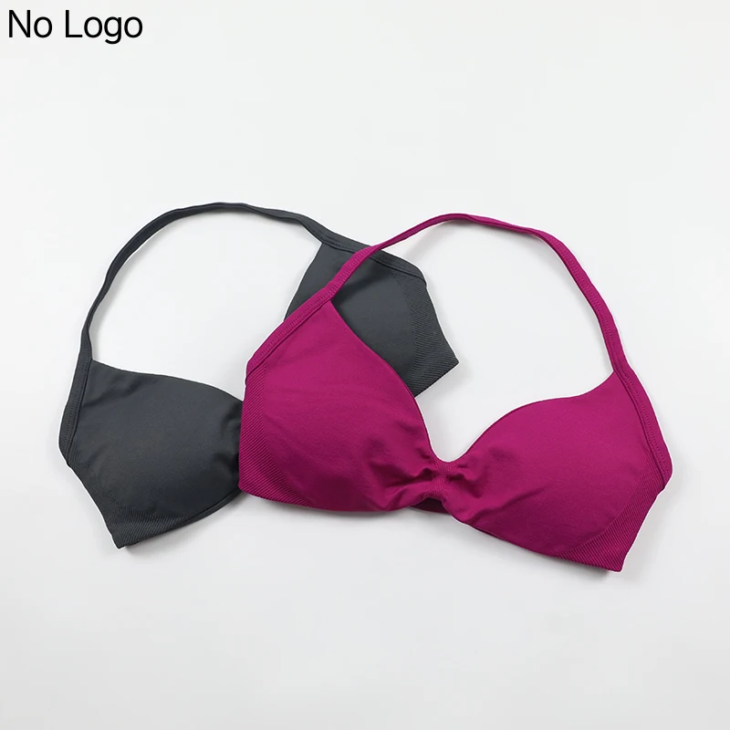 No Logo V-Neck Women's Low Support Ruched Halter Sports Bra Sexy Open Back Gym Crop Top Padded Seamless Workout Yoga Tank Tops