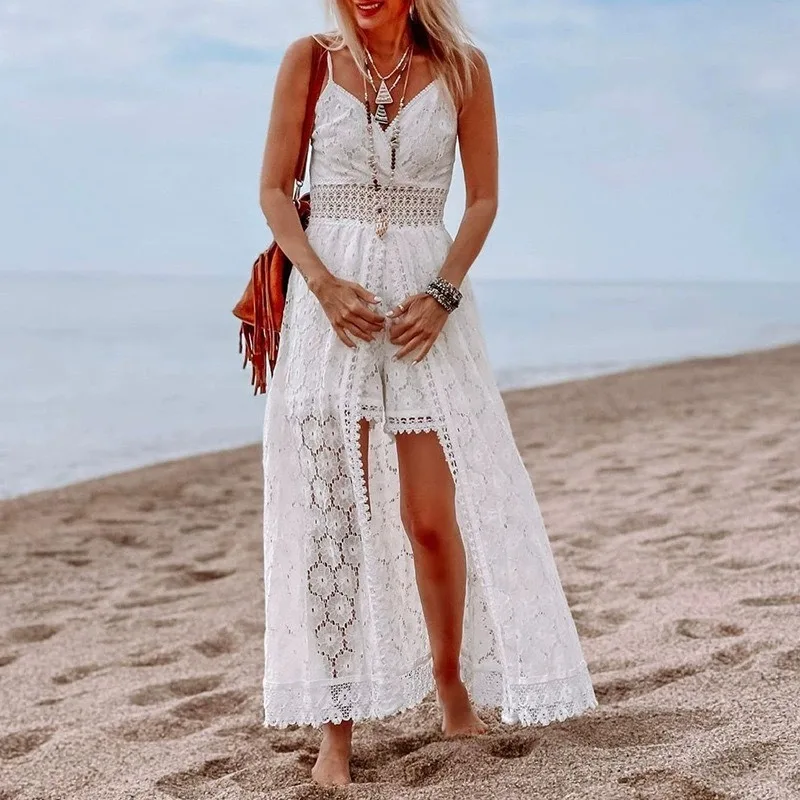 Elegante Spitze Lange Kleider Gespleißt Hosen Träger Split Ärmellose Frauen Sommer Hohl Sheer Strand Süße Geraffte Lange Maxi A-Linie