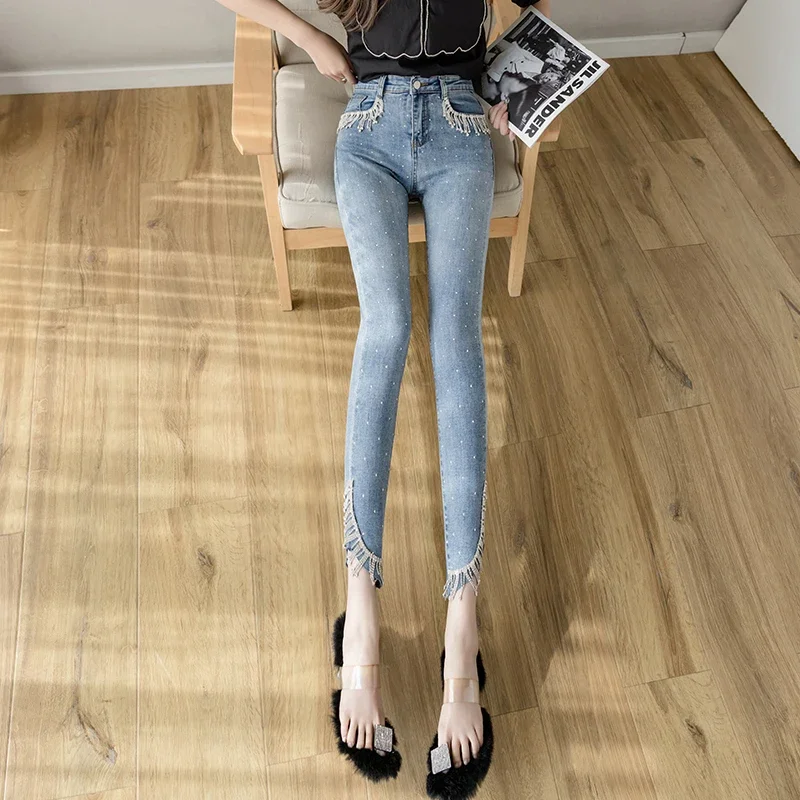 Imagem -04 - Jeans de Diamante com Franja Fina para Mulheres Jeans de Rua Alta Jeans com Borla Lavada a Lápis para Senhoras Primavera e Verão 2024