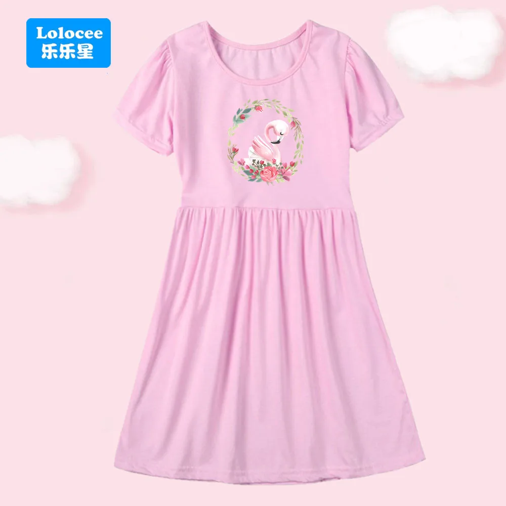 Summer Girl Cartoon Swan Princess Abito con stampa Abito di tendenza alla moda Bambini Quotidiano Casual Elegante Abiti a maniche corte Vestito carino TE1