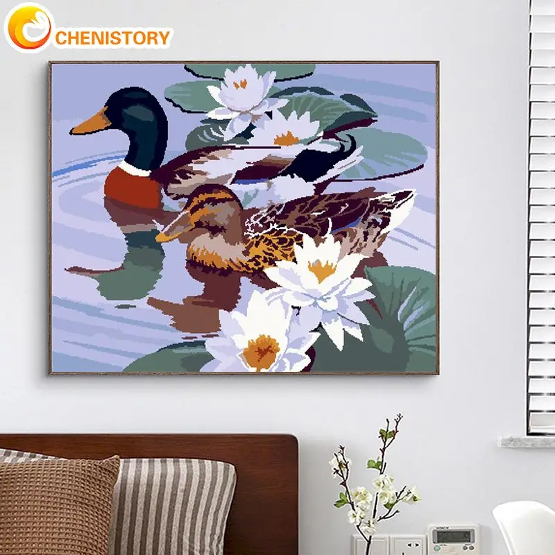 CHENISTORY Modern Coloring By Number Duck Kits For Adults Handpainted On Canvas Painting By Number Animal Wall Art Home Decor